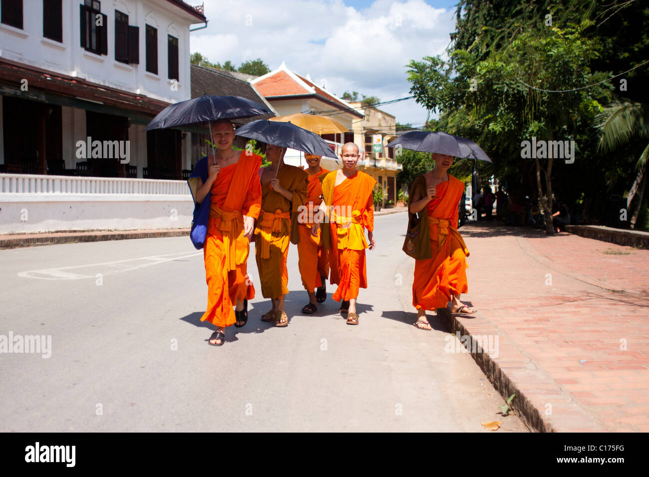I monaci per le strade di Luang Prabang, Laos, Asia Foto Stock