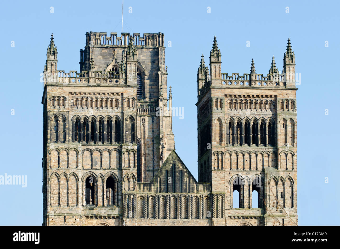 Dettagli su torri sul west end di Durham Cathedral Foto Stock