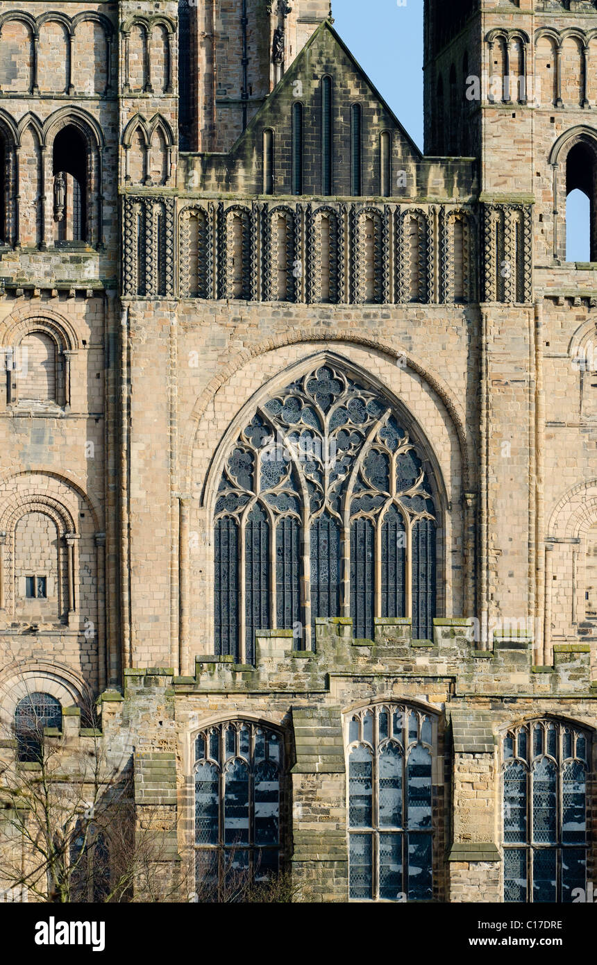 Dettagli sul west end di Durham Cathedral Foto Stock