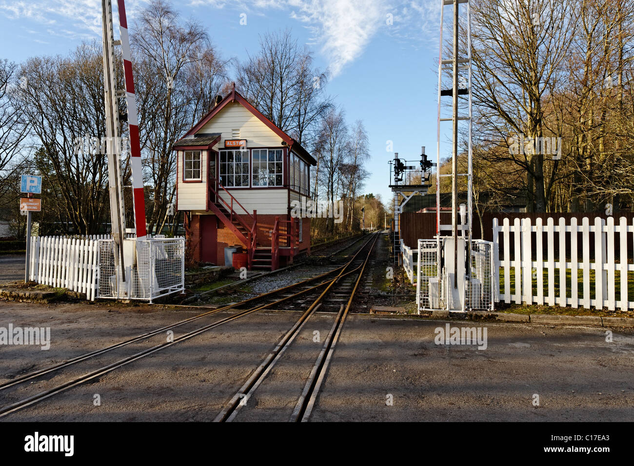 La casella segnale sulla South Tynedale Railway a Alston Foto Stock