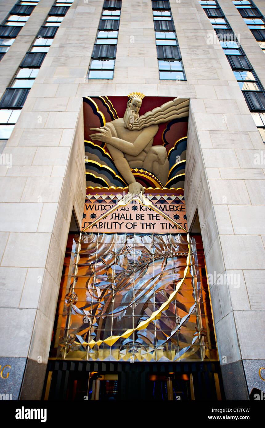 General Electric facciata di edificio, Rockefeller Center, New York, Stati Uniti d'America Foto Stock