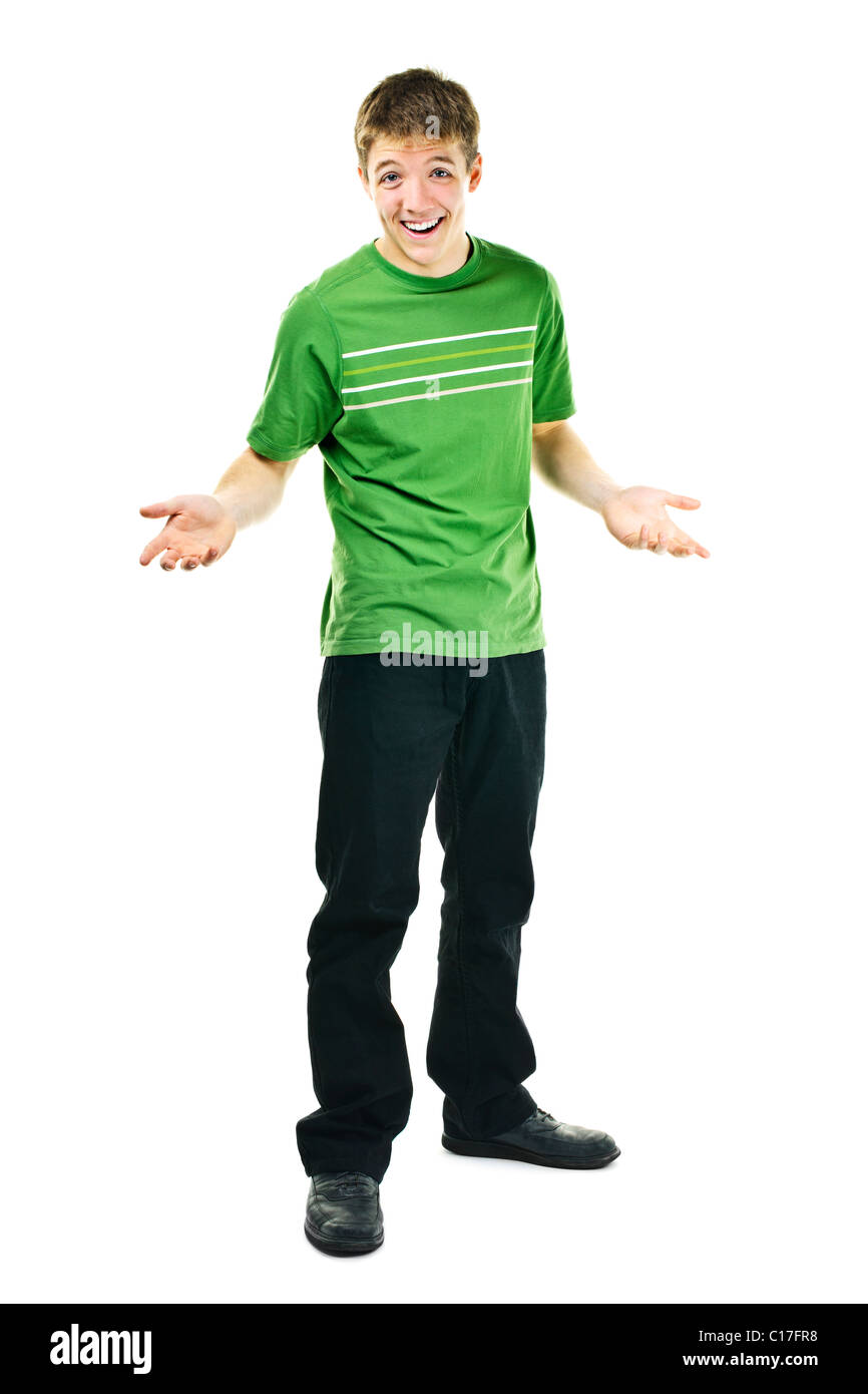 Scrollare sorridente giovane uomo in piedi isolato su sfondo bianco Foto Stock