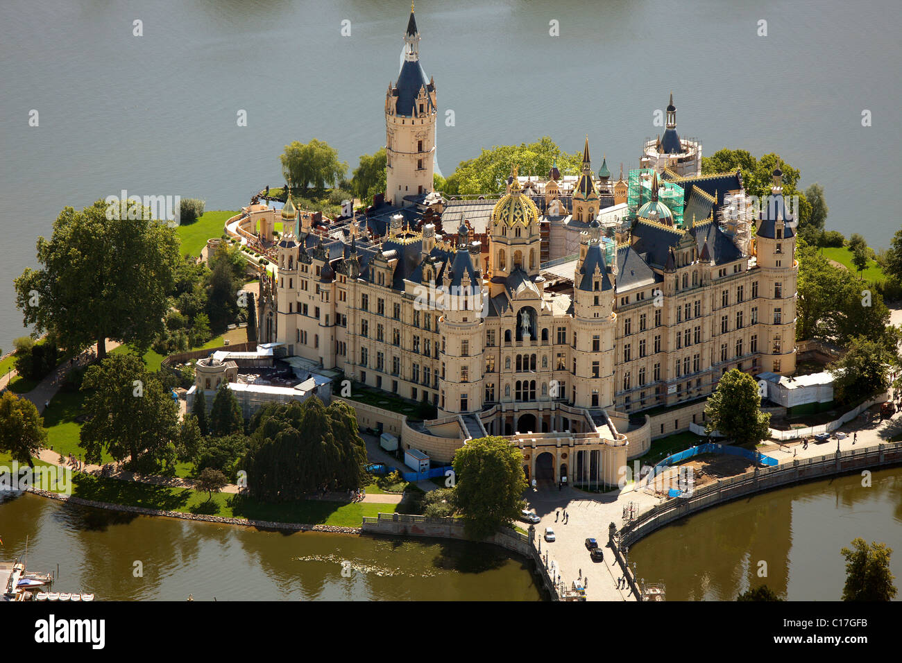 Vista areale, Castello di Schwerin, Schwerin, Meclemburgo-Pomerania Occidentale, Germania, Europa Foto Stock