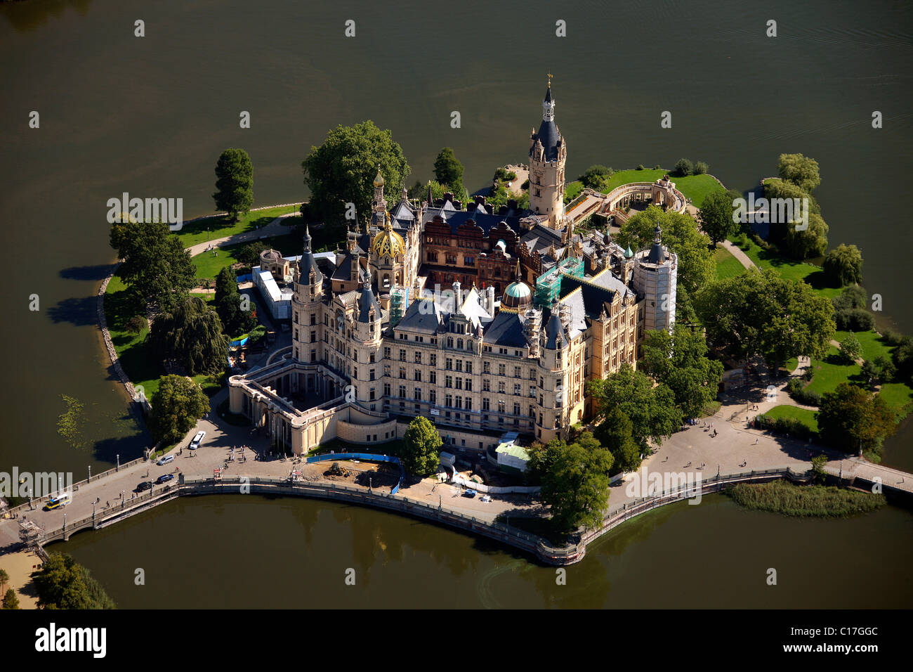 Vista areale, Castello di Schwerin, Schwerin, Meclemburgo-Pomerania Occidentale, Germania, Europa Foto Stock