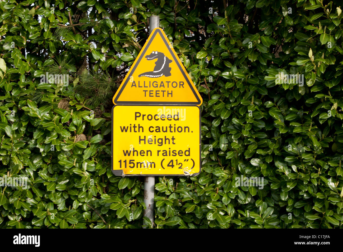 Denti di alligatore cartello stradale per rallentare gli automobilisti, Gnoll Country Park, Neath, Neath Port Talbot, South Wales, Regno Unito Foto Stock