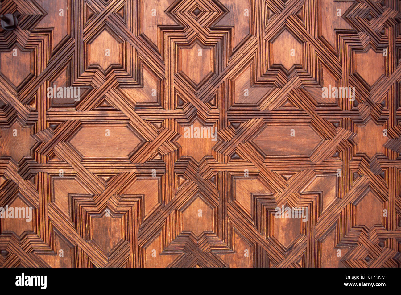 Ornamenti scolpiti in una porta di legno, Andalusia, Spagna, Europa Foto Stock