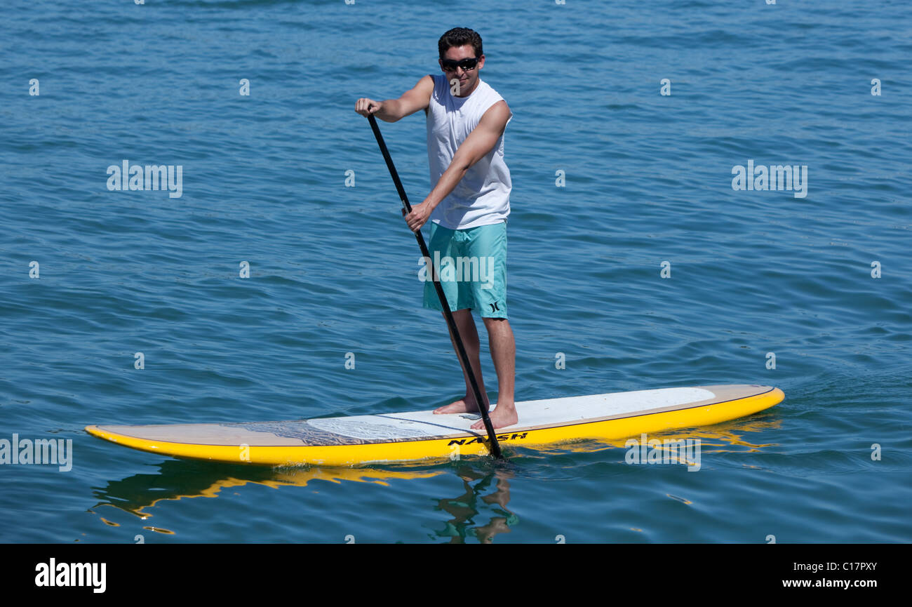 Ritratto completo di un uomo che pratica il paddleboarding di standup, Miami, Florida, Stati Uniti, Nord America Foto Stock