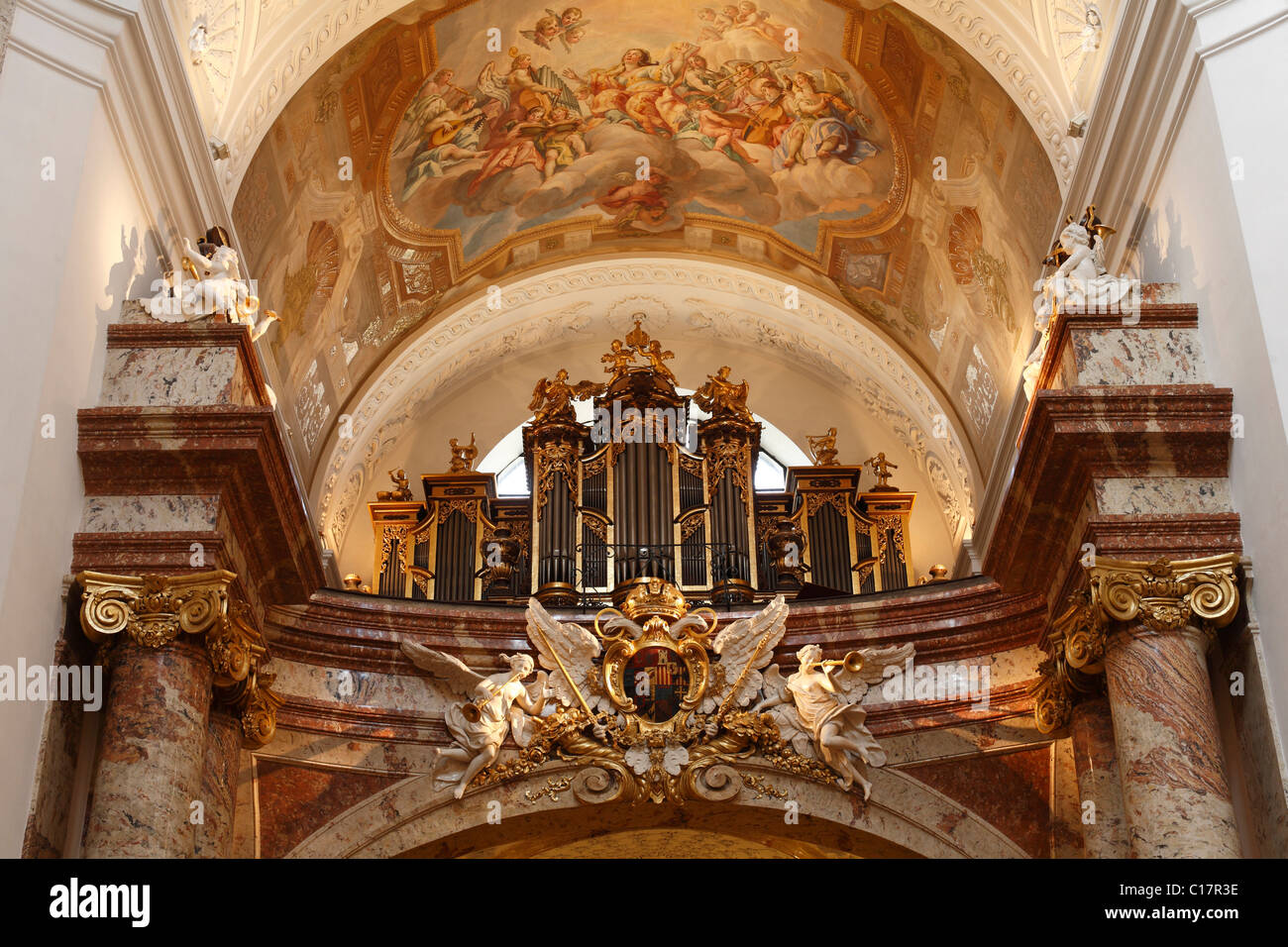 Organo in San Carlo Borromeo Chiesa, Vienna, Europa Foto Stock