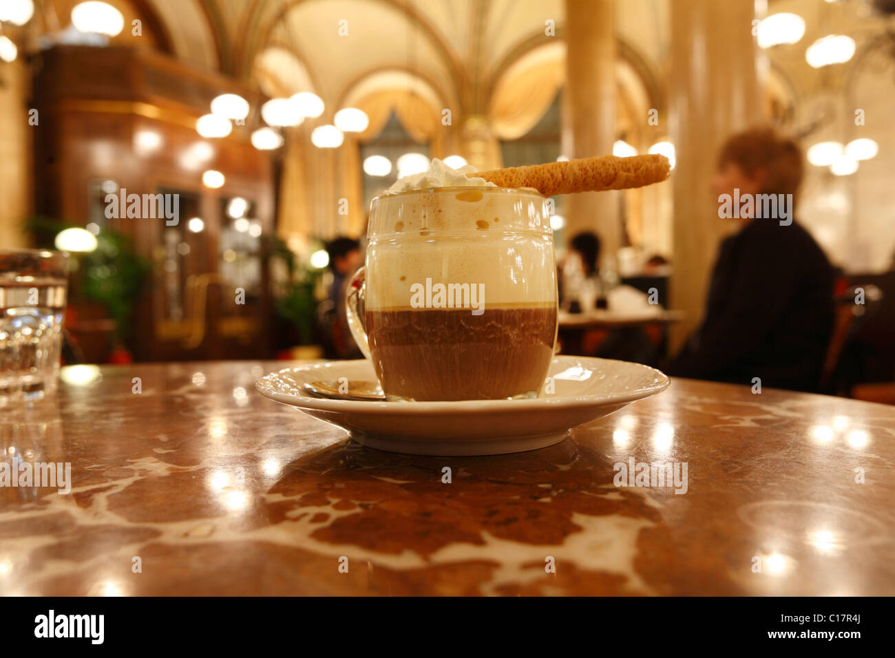 Einspaenner, mocca con panna montata, specialità di caffè nella caffetteria centrale nel Palais Ferstel, Vienna, Austria, Europa Foto Stock