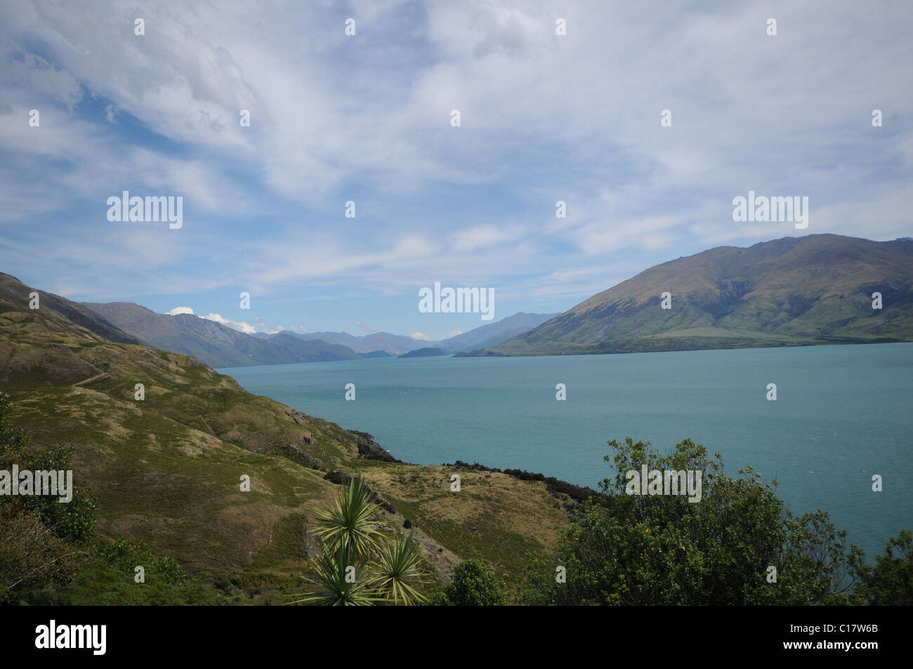 Vista del lago hawea, Wanaka, regione di Otago, Isola del Sud, Nuova Zelanda Foto Stock