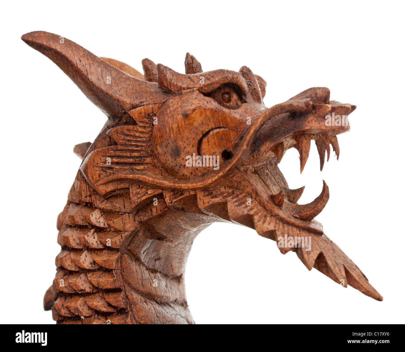 Close-up di feroce drago in legno ornamento Foto Stock