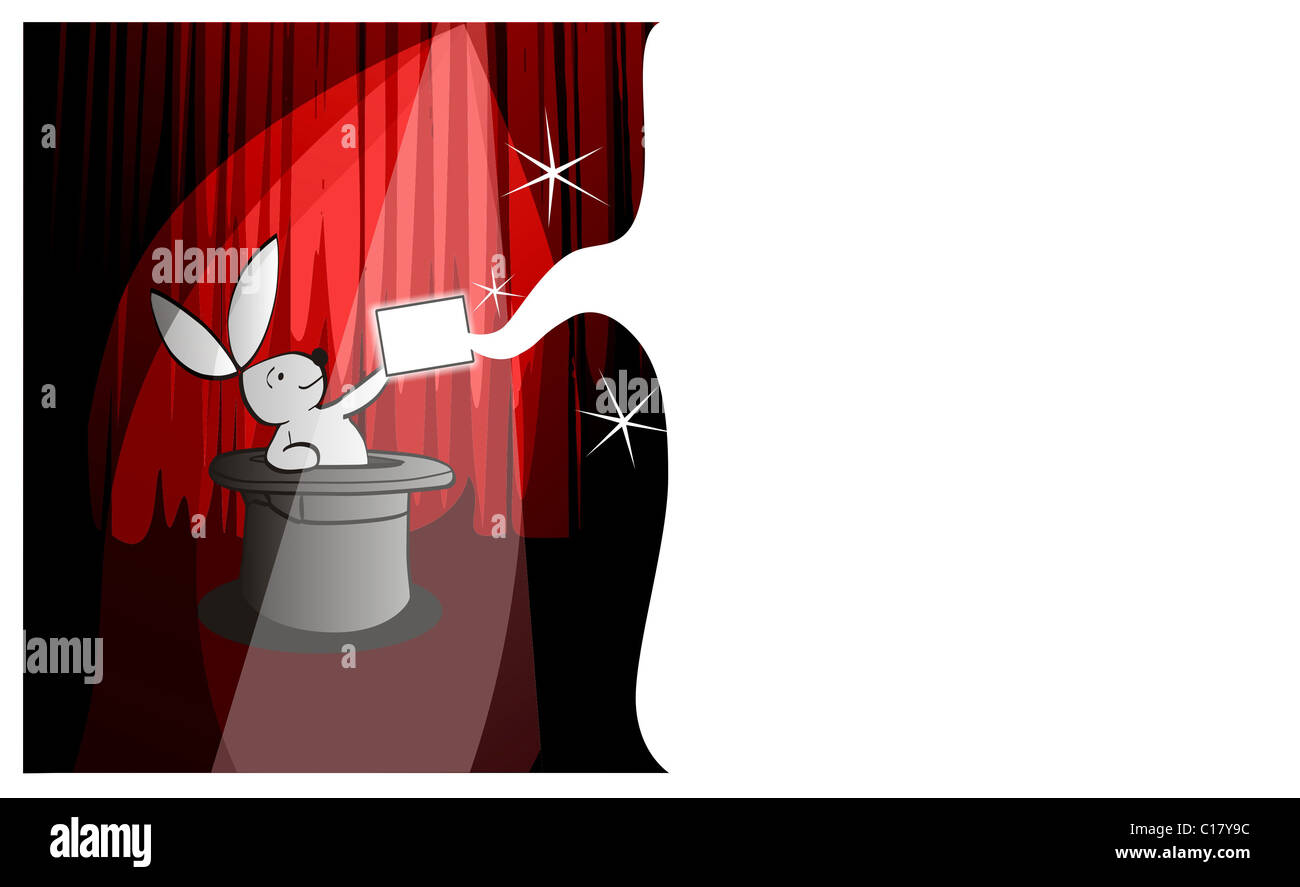 Illustrazione di un coniglio bianco andando al di fuori di un black top hat che mostra un banner bianco per consigliare un testo. Formato vettoriale disponibile. Foto Stock