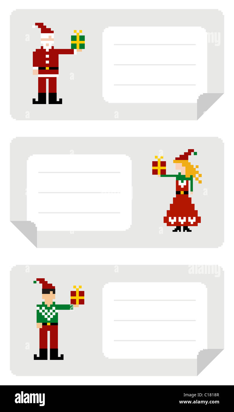 Adesivi di natale con differenti funny pixeled elf tenendo un dono. Foto Stock