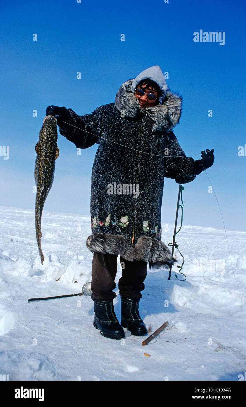 Inuit una donna con il pescato Artic migratori Char, Nuiqsut, sulla costa dell'Oceano Artico nel lontano nord dell'Alaska Foto Stock