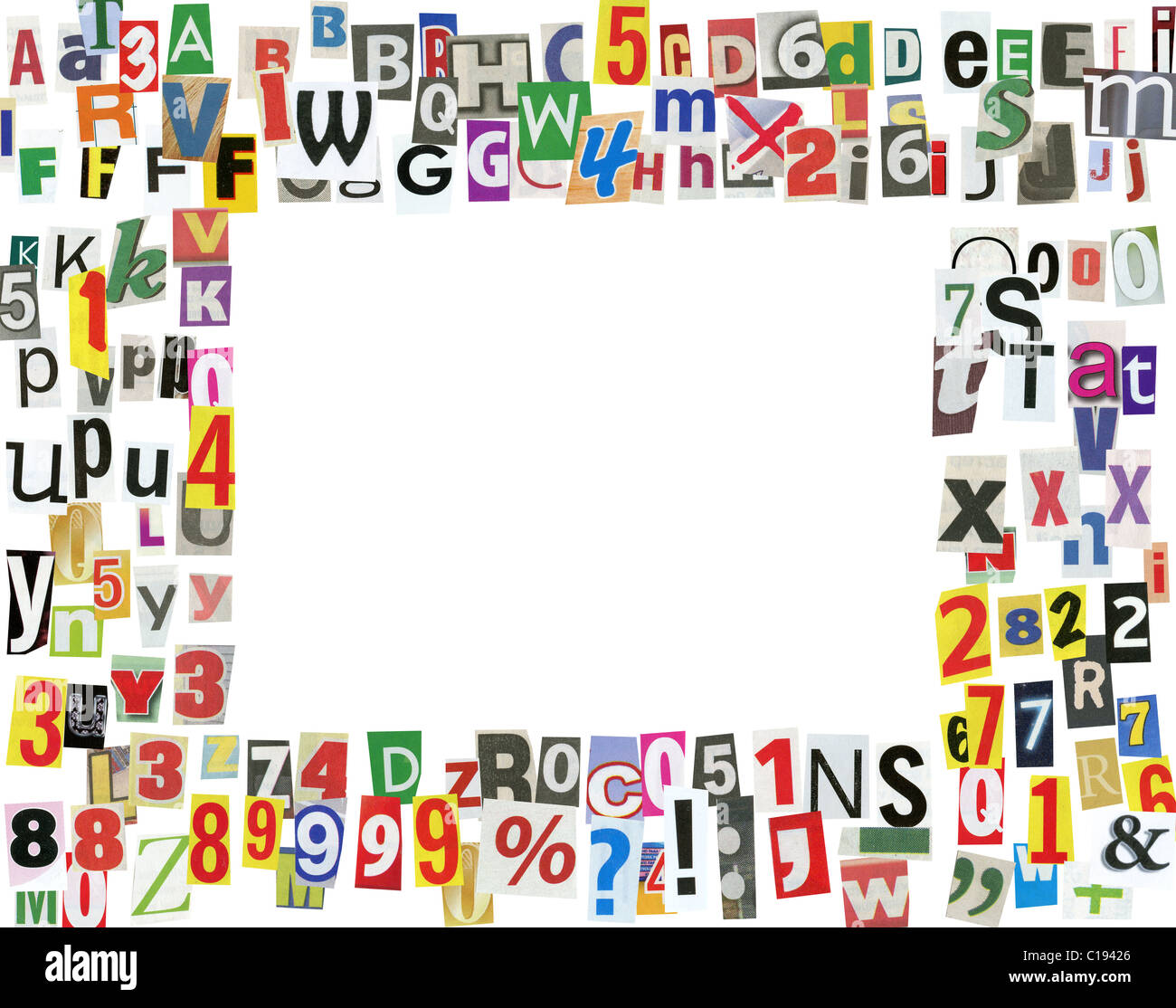 Cornice immagine, fatta di giornale di lettere, numeri e segni di  punteggiatura, isolato su bianco Foto stock - Alamy