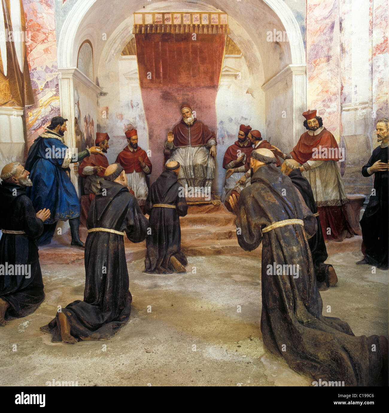 Conferma della regola monastica di San Francesco da parte di Papa Innocenzo III, il Sacro Monte di Orta, Piemonte, Italia, Europa Foto Stock