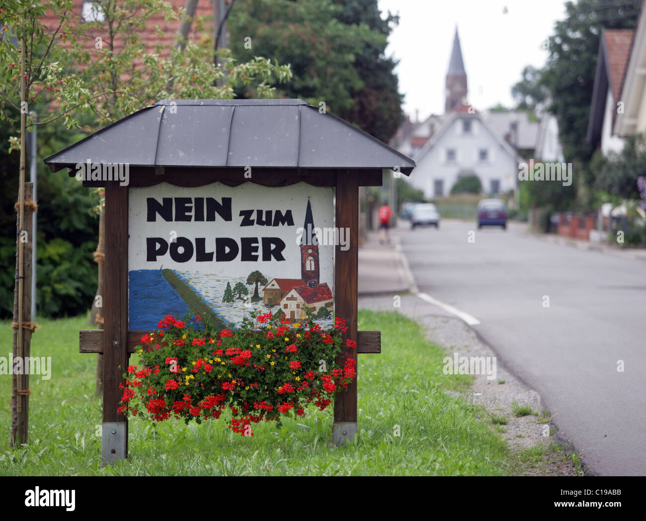 Segno, Nein zum polder, no a Polder, in Nonnenweier, Ortenaukreis, Baden-Wuerttemberg, Germania, Europa Foto Stock