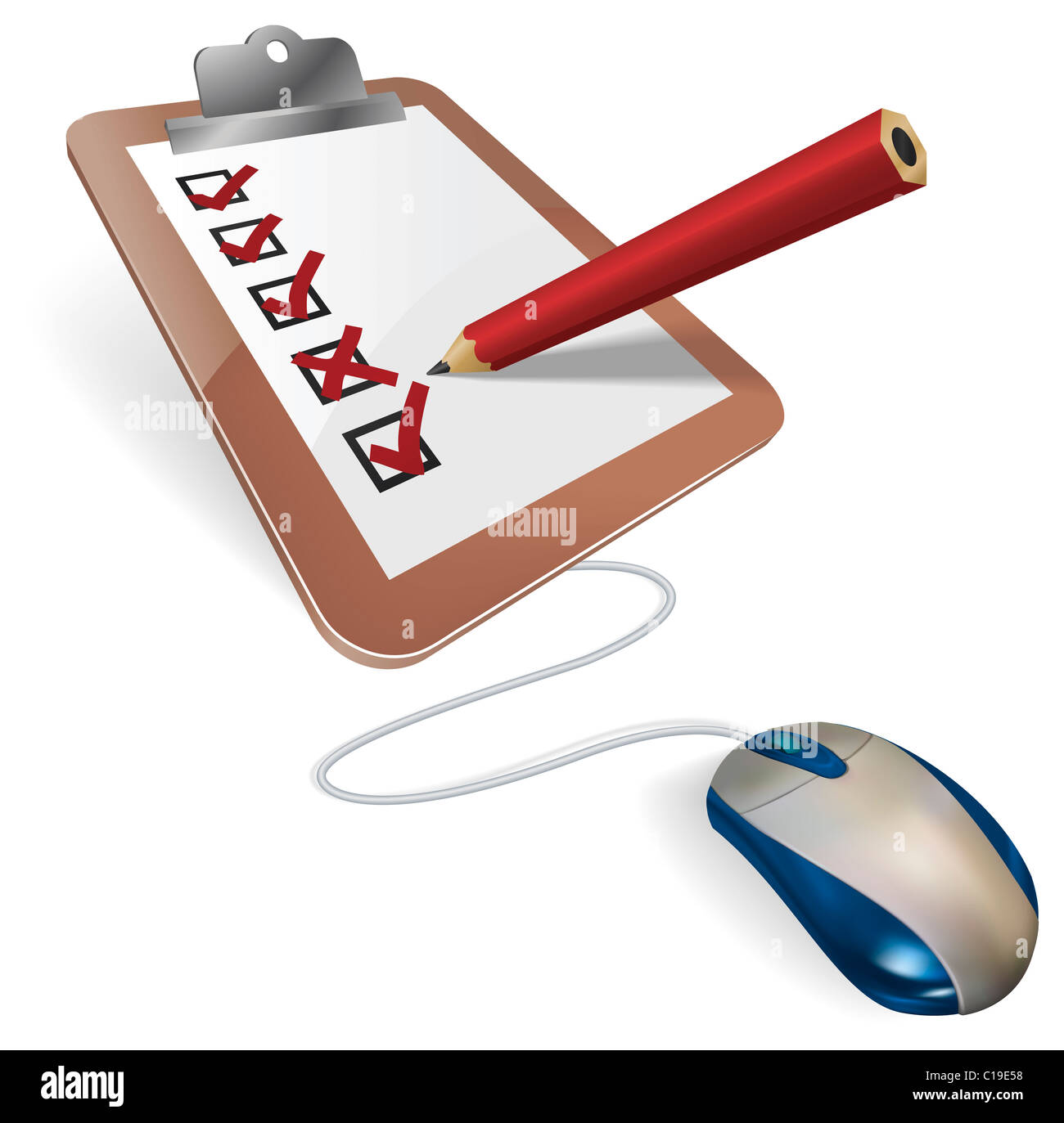 Un mouse collegato ad un questionario di indagine.Concetto online per il sondaggio internet, test, il censimento, elezione o questionario di ricerca Foto Stock