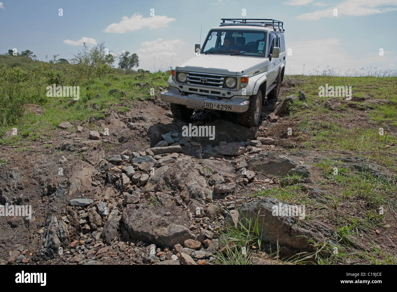 Ollie la guida Toyota Crusier 4X4 giù Rocky Gully terreni accidentati Masai Mara Kenya Foto Stock