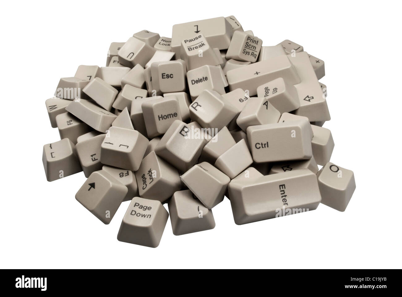 Un mucchio di calcolatore bianco i tasti della tastiera sono isolati su sfondo bianco Foto Stock