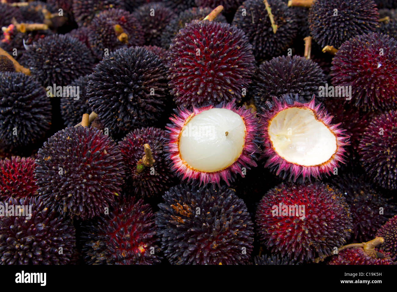 Buah una Pulasan frutta sul supporto del fornitore nel paese tropicale Foto Stock
