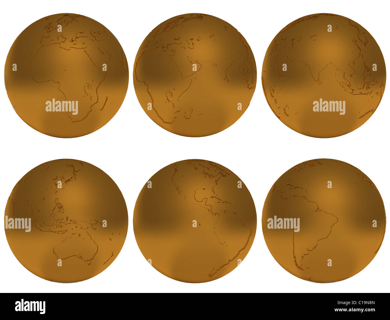 Globo mondo 3d'illustrazione. Il rendering di oro Globo mondo continente con scolpito su. Foto Stock