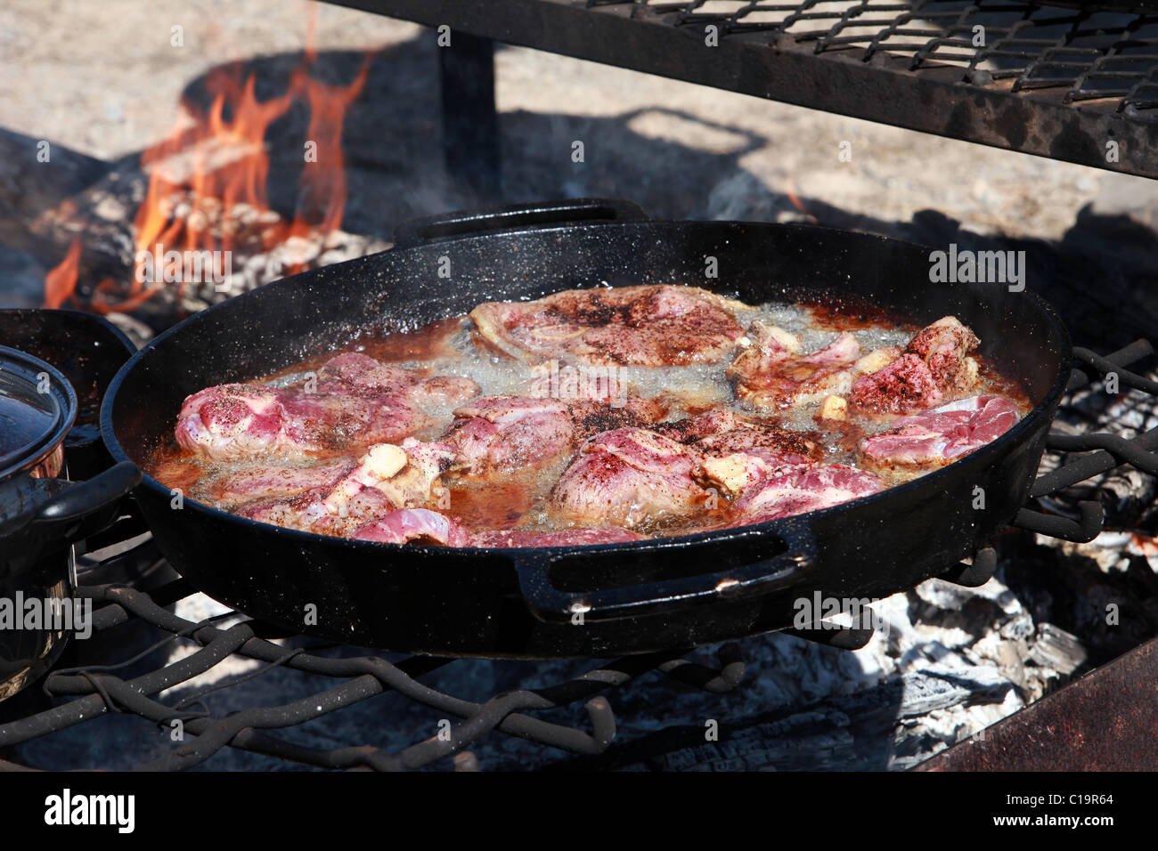 Bistecca di carne di agnello castrato bistecche e costolette per la cottura sul fuoco in ghisa padelle su un aperto all'aperto il fuoco. Foto Stock