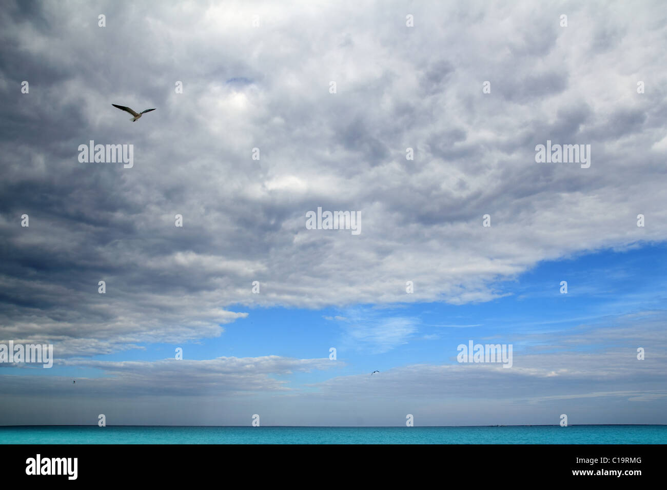 Nuvoloso cielo drammatica nei Caraibi turchese del mare oceano Foto Stock