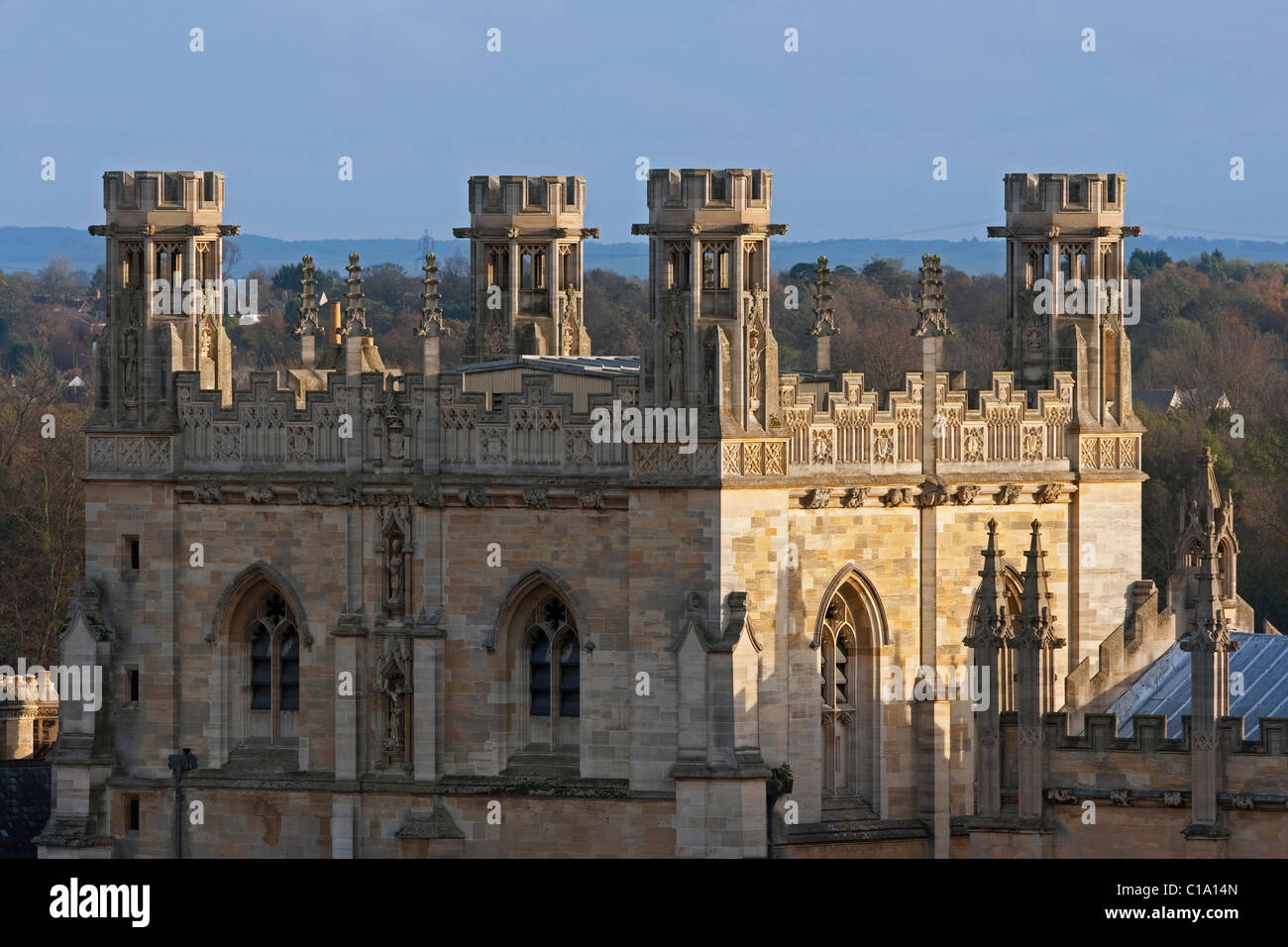 Torre della cattedrale di Christ Church College di Oxford University, Oxfordshire, England, Regno Unito Foto Stock