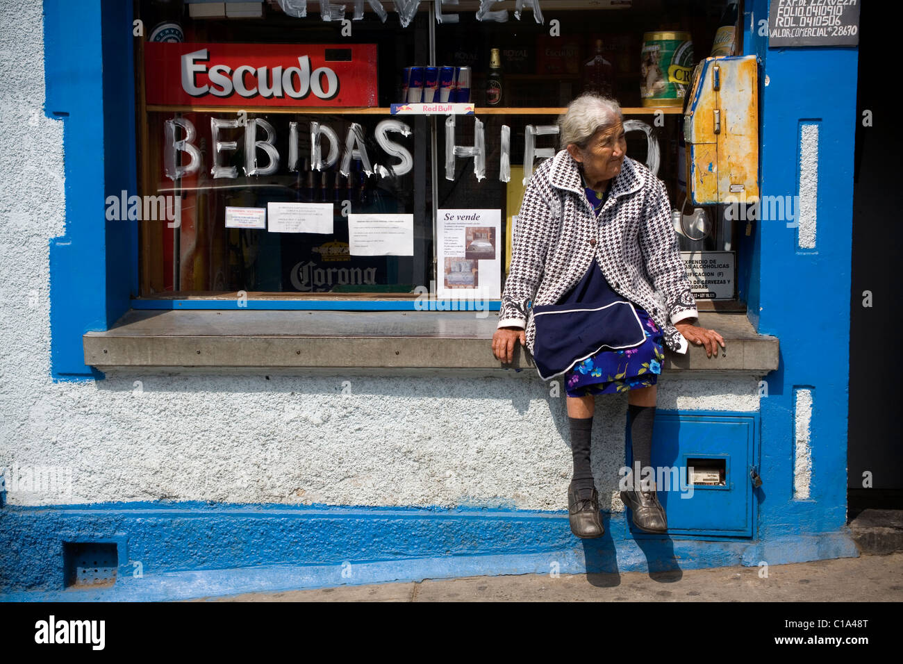 Il vecchio donna seduta al di fuori di un locale negozio di alimentari in strada di cerro Concepcion, Valparaiso, Cile Foto Stock