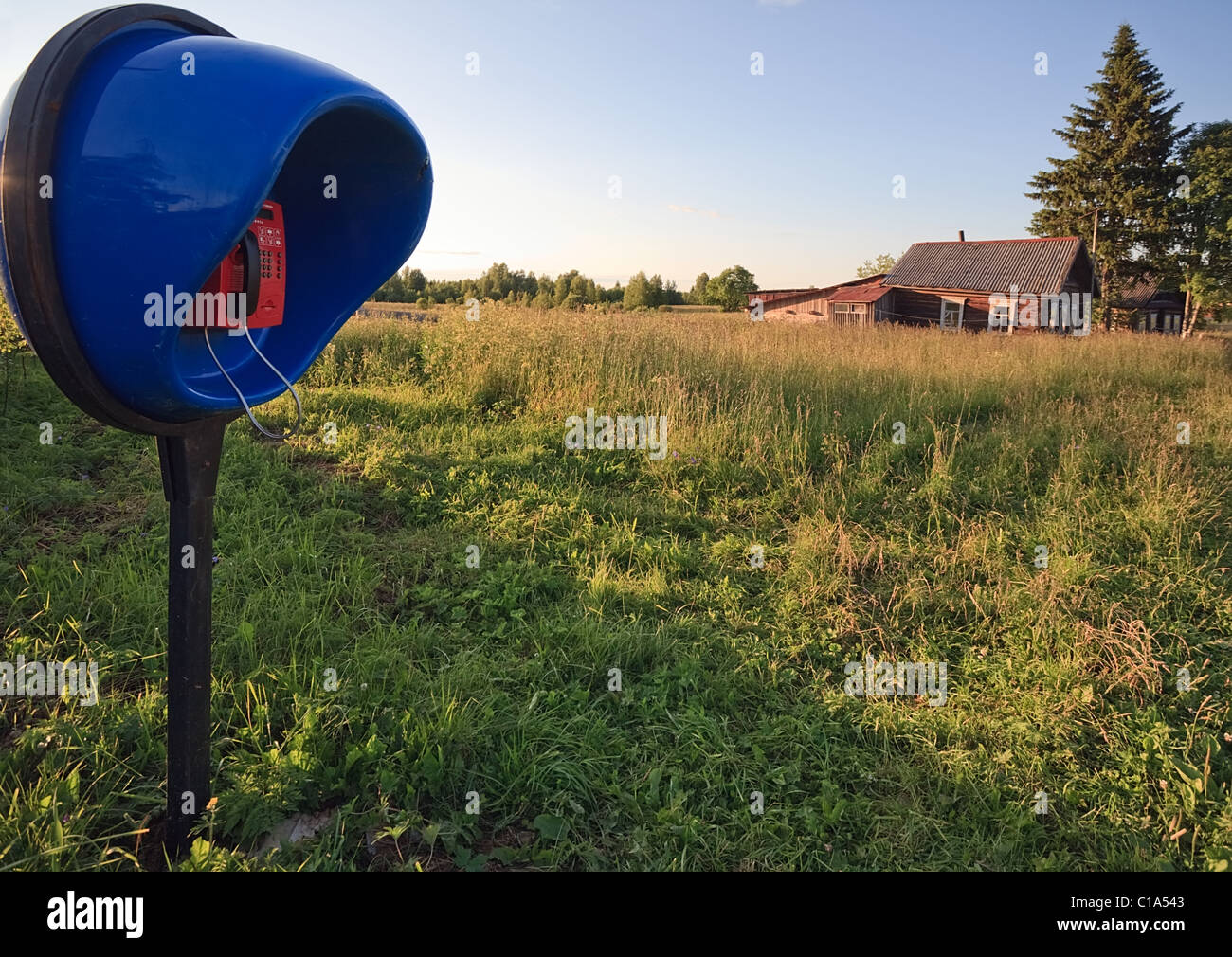 Telefono moderno in scatola di plastica in piedi in erba di prato vecchio villaggio russo Foto Stock