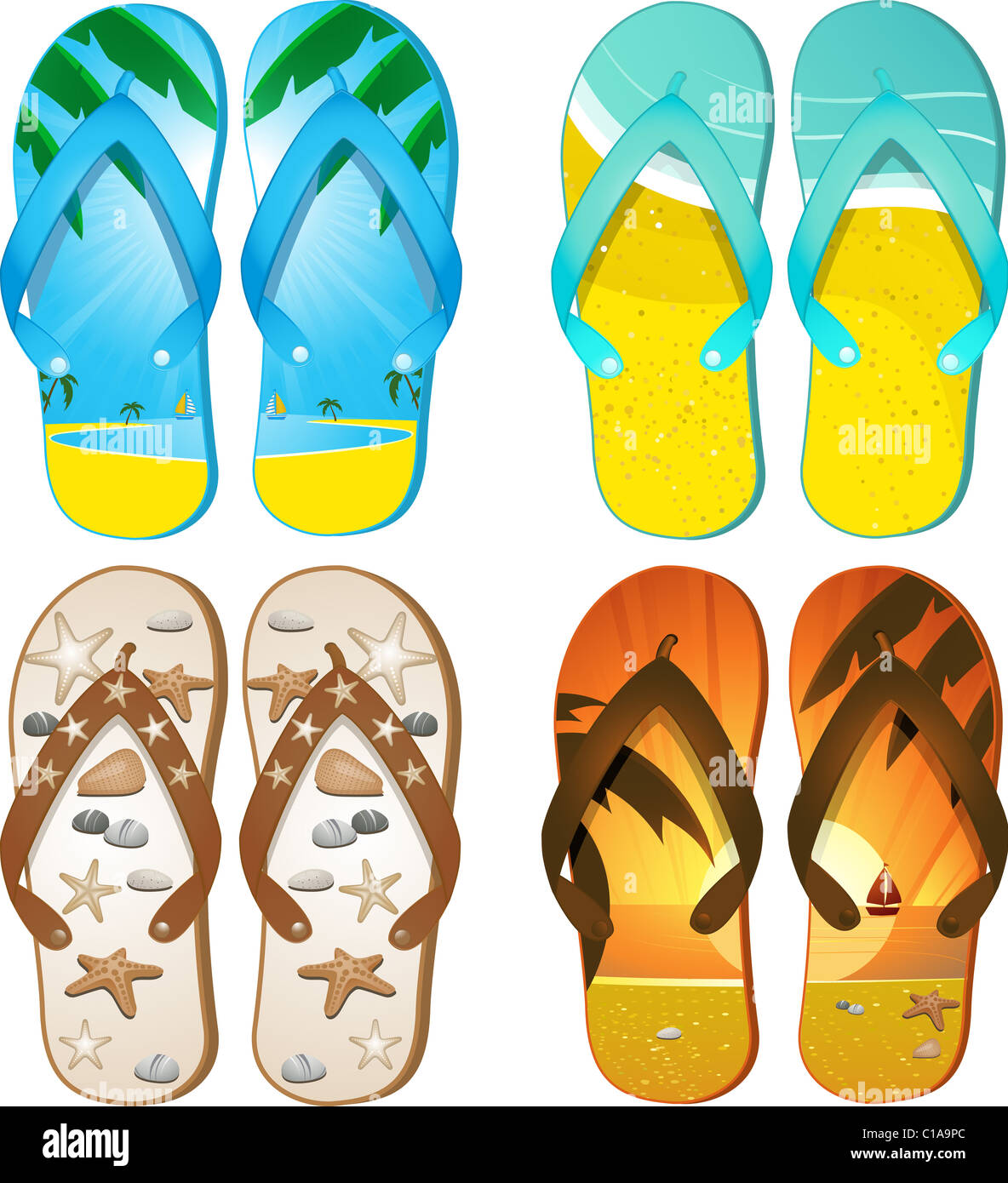 Set di 4 coppie di flip flop con disegni tropicali Foto Stock