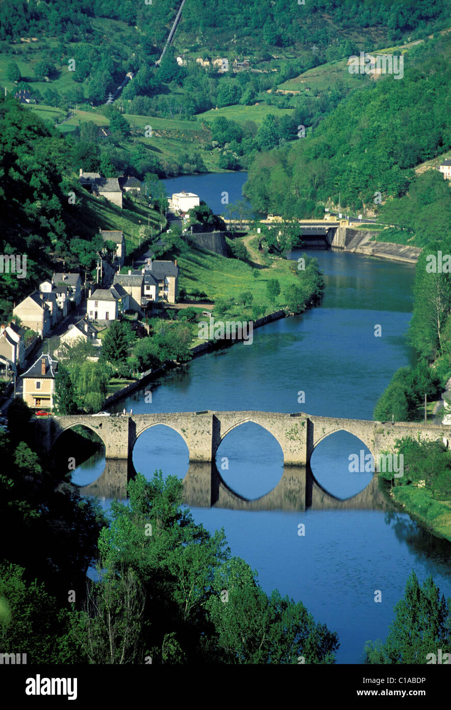 Francia, Aveyron, Truyere valley in Entraygues sur Truyere, ponte gotico Foto Stock