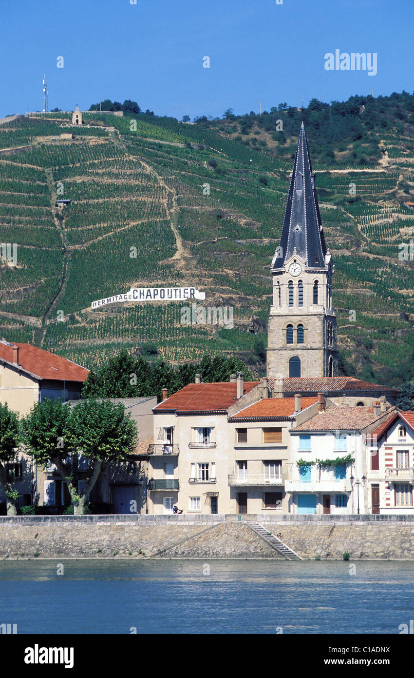 Francia, Drome, vigna dell'Eremo (AOC) la collina di Hermitage e Tain l'Hermitage città Foto Stock