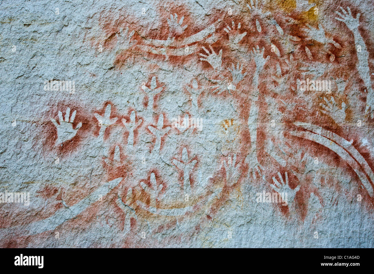 Arte rupestre degli Aborigeni alla "Galleria d'arte" in Carnarvon Gorge Queensland Foto Stock
