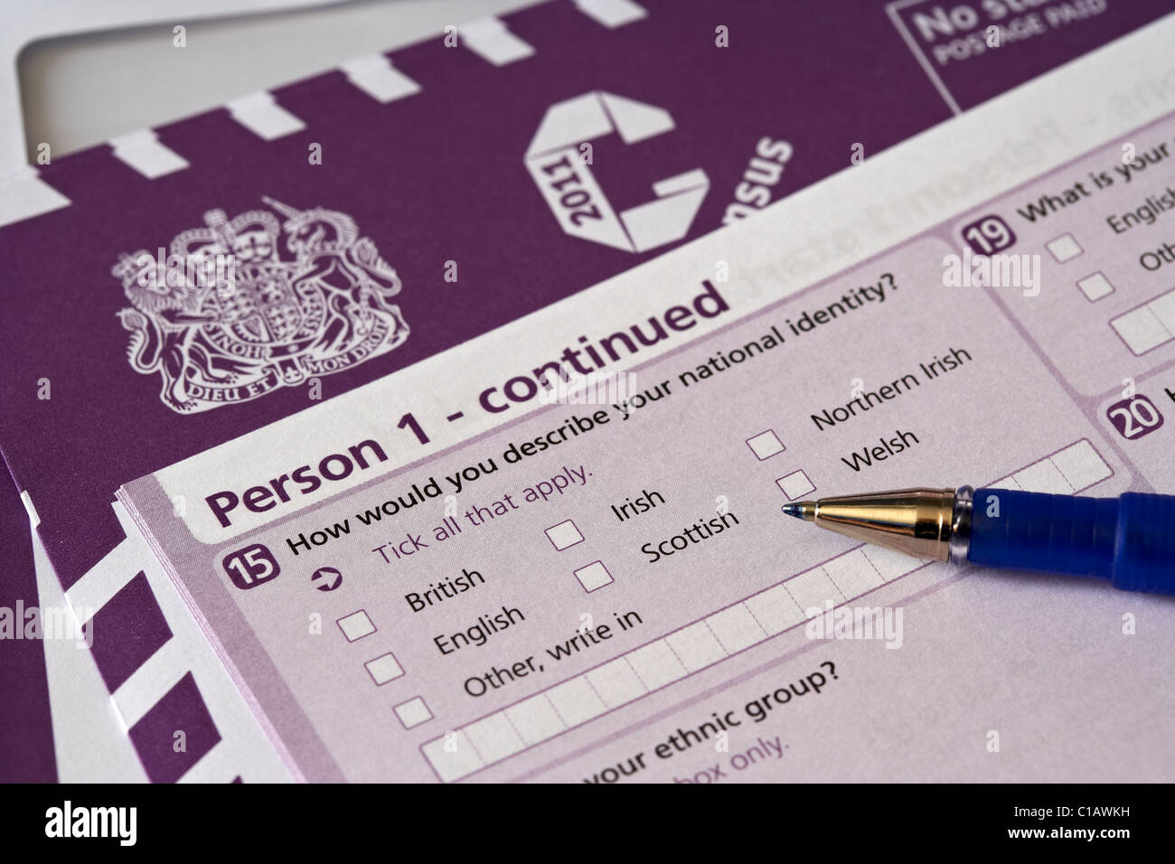 Identità nazionale domanda sul Regno Unito 2011 moduli di censimento come rilasciato in Irlanda del Nord Foto Stock