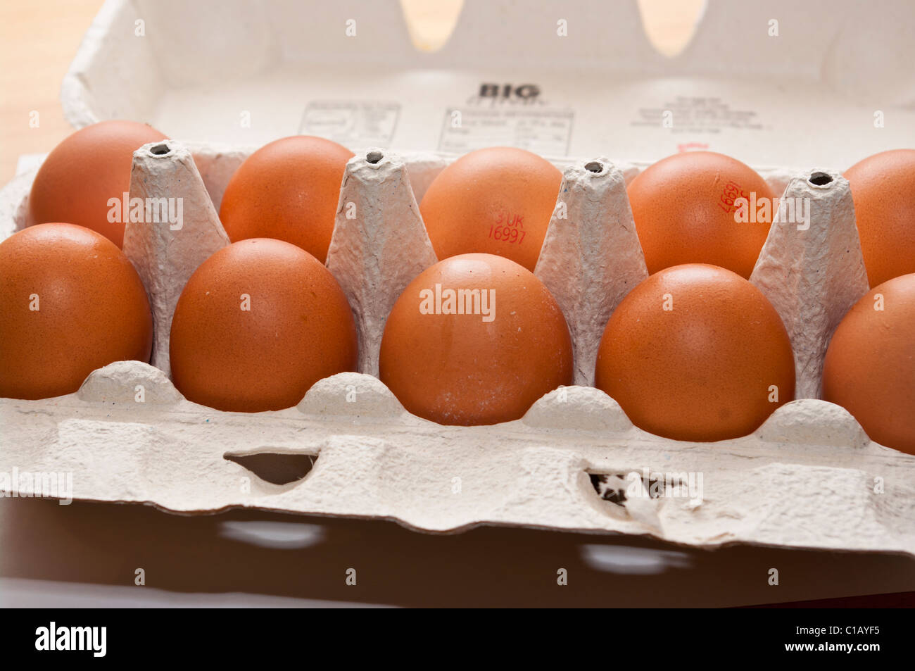 Aprire la scatola di dieci polli uova Foto Stock