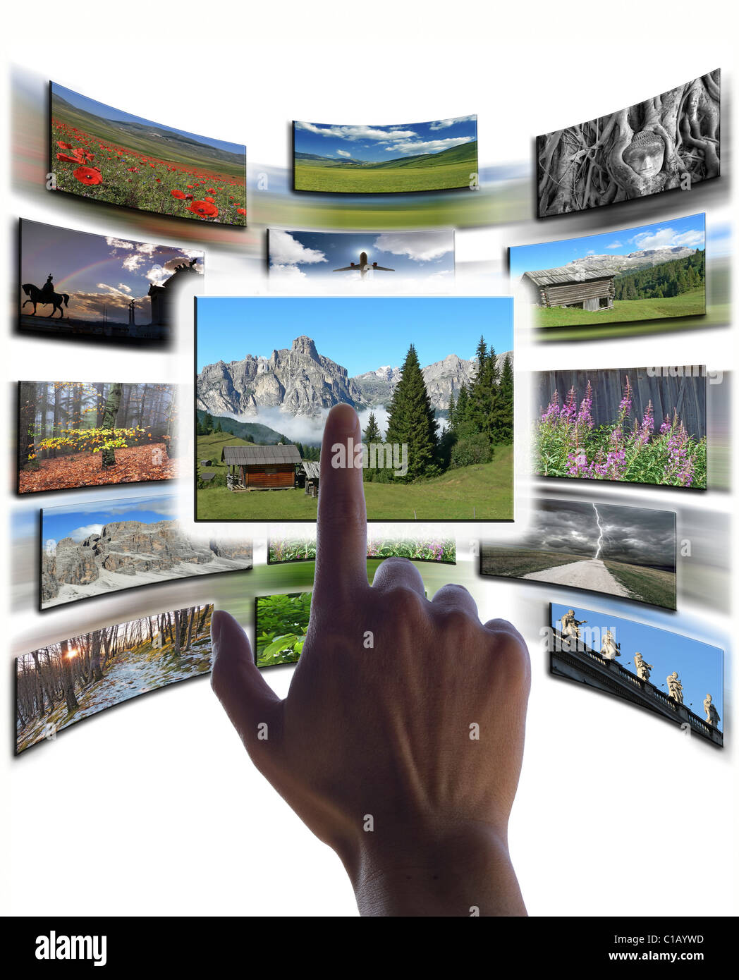 Mano e collage di foto sul touchscreen Foto Stock