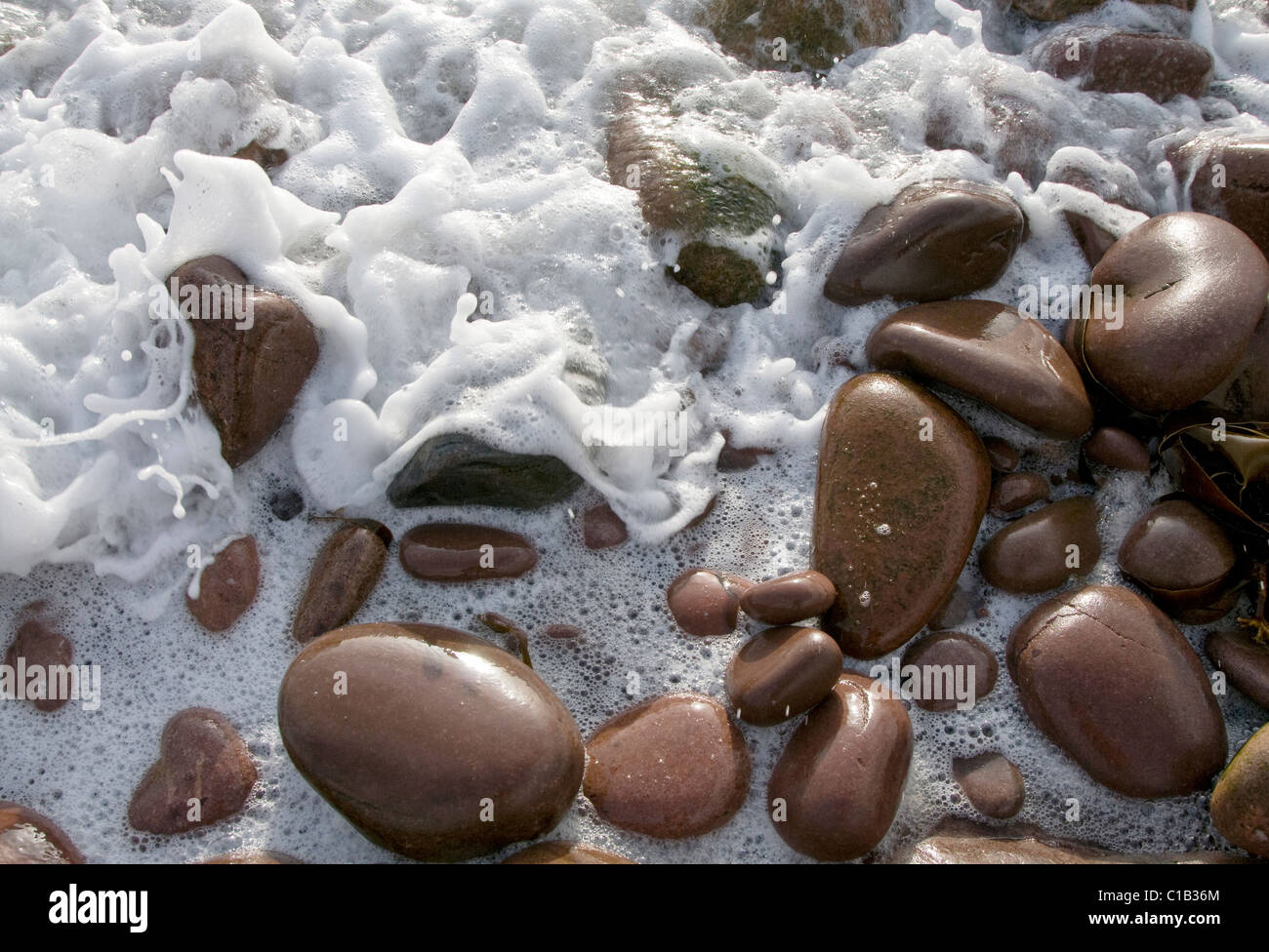 Dettaglio dell'acqua di mare spume o schiuma bianca il lavaggio più lisci  ciottoli rosso sulla spiaggia di Applecross, Highlands scozzesi Foto stock  - Alamy