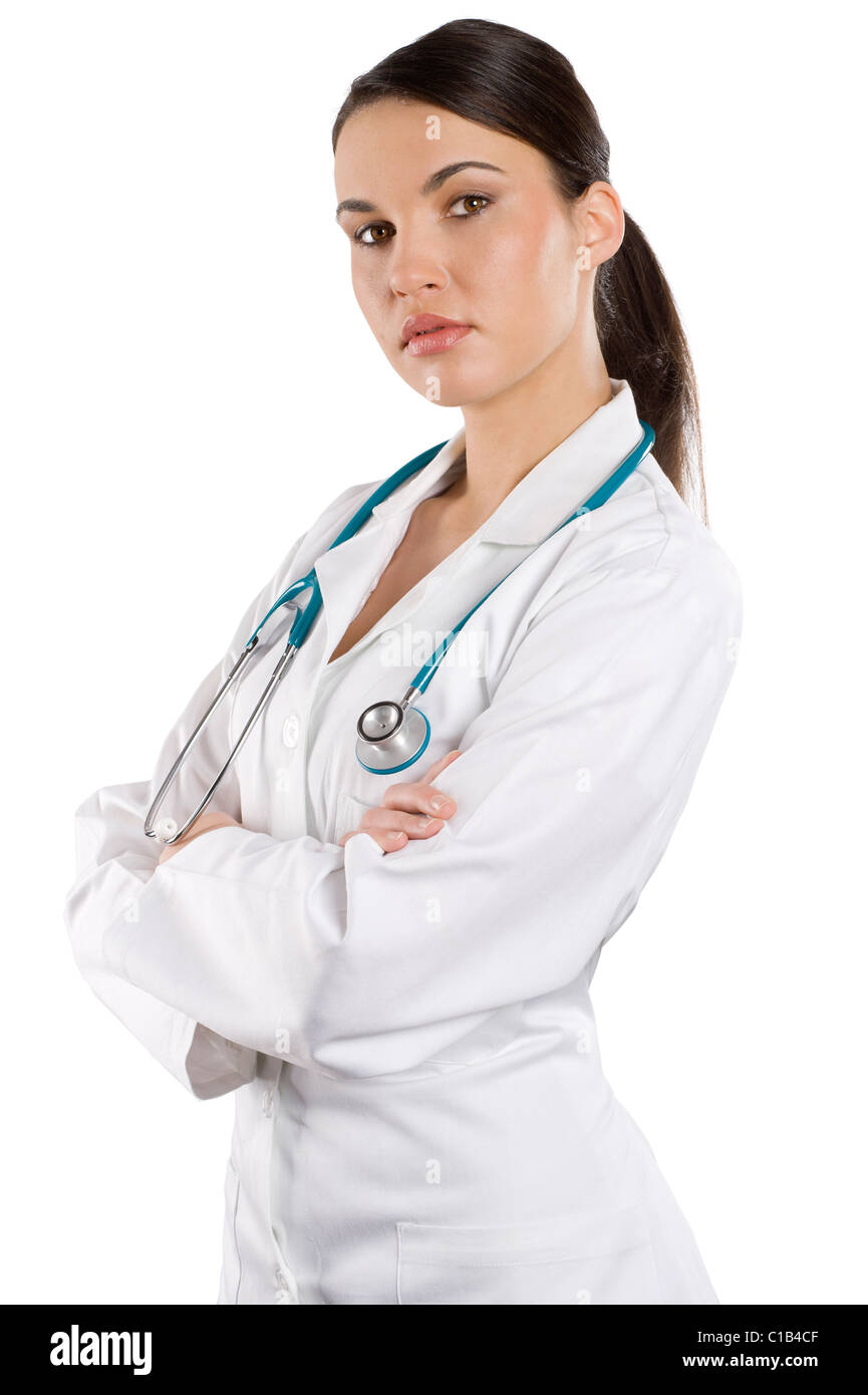 Sorridente medico donna con uno stetoscopio isolate su sfondo bianco Foto Stock