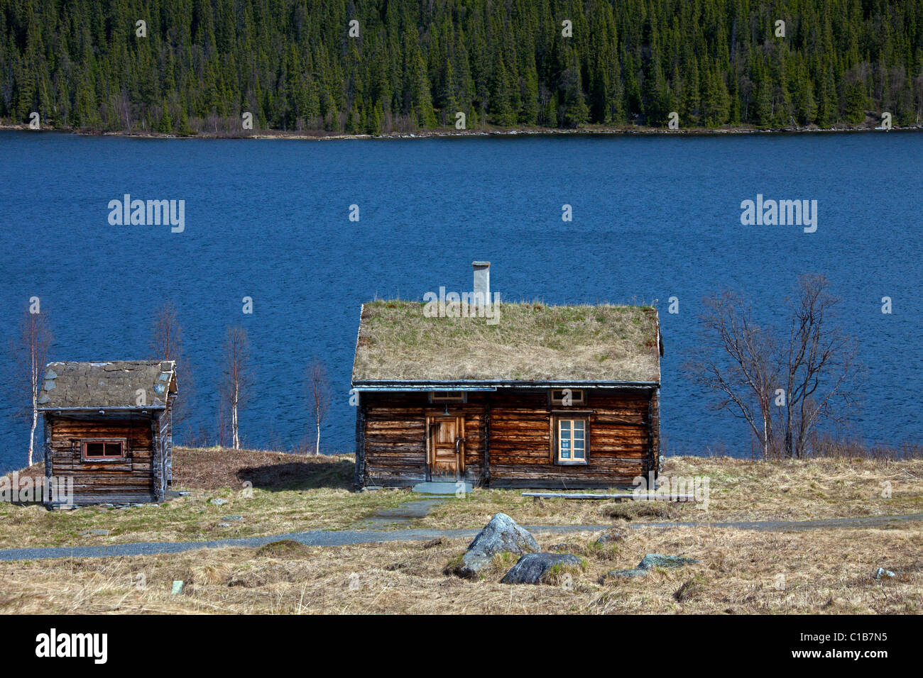 Log Cabin con zolla tetto lungo lago a Fatmomakke, Lapponia, Svezia Foto Stock