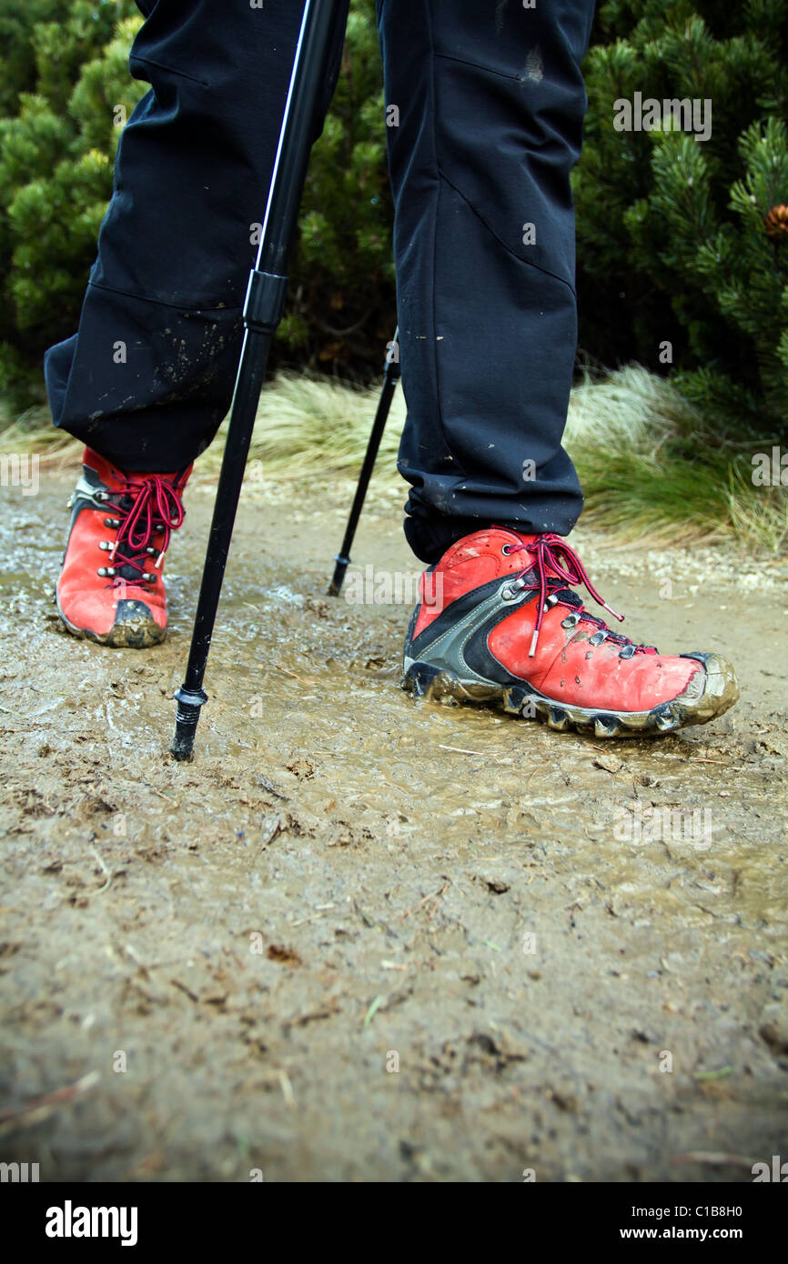 Il nordic walking sul sentiero fangoso Foto Stock