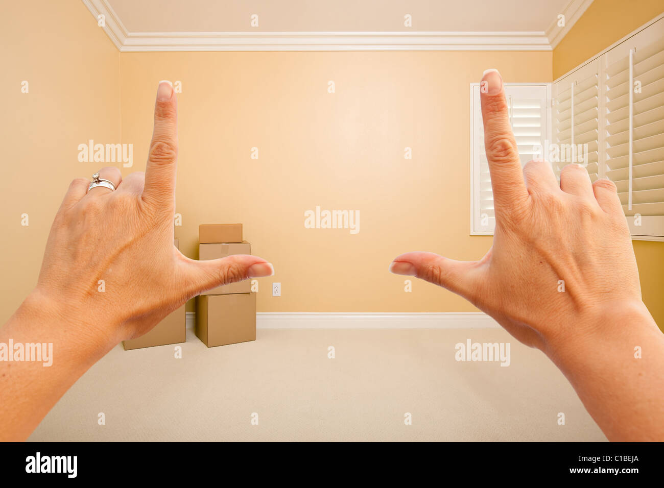 Mani femminili il framing bellissima sala interna di immaginare che cosa fare con la camera. Foto Stock