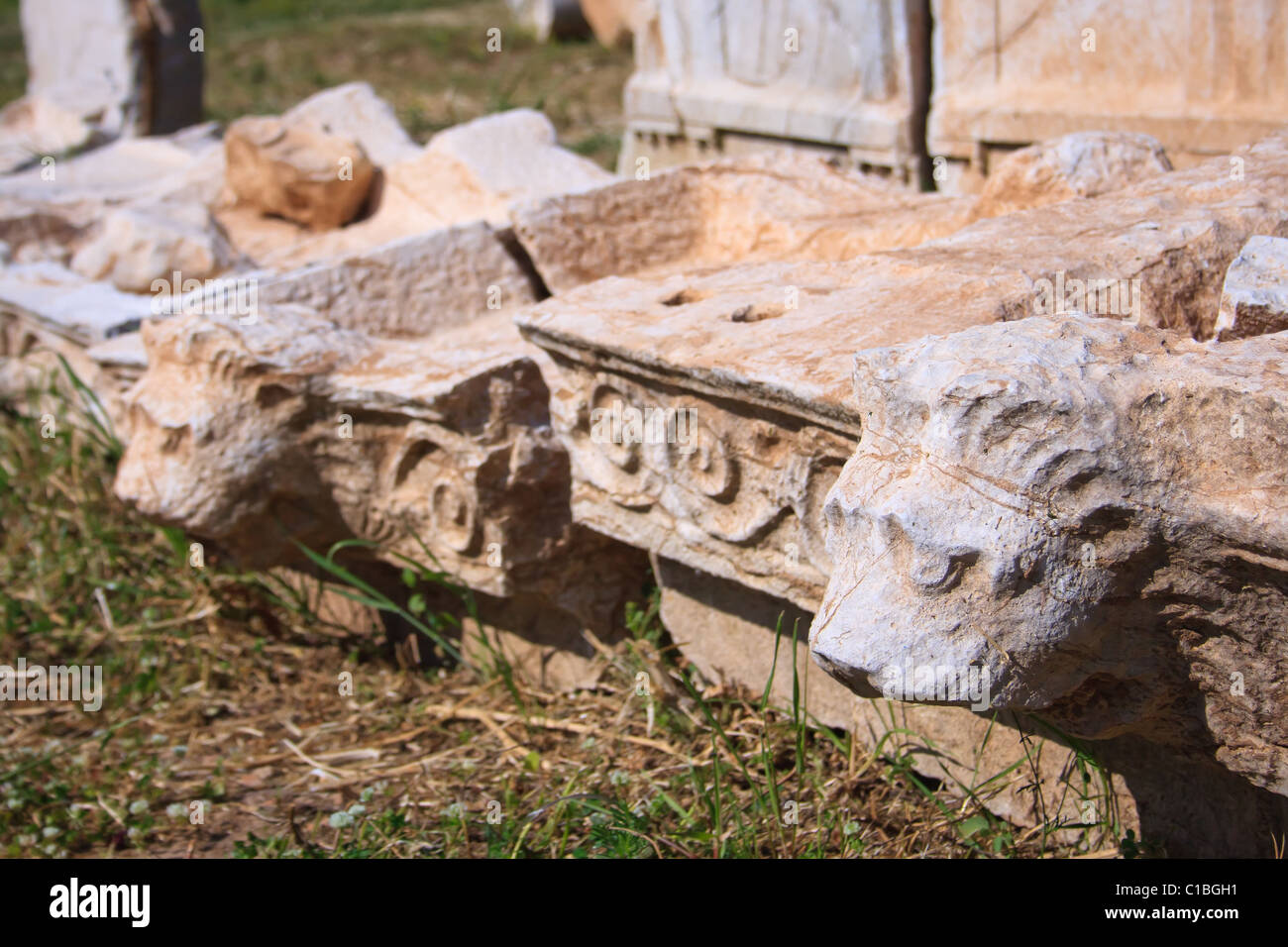 Il greco antico rilievo particolare sul montante in antica Messini sito in Grecia Foto Stock