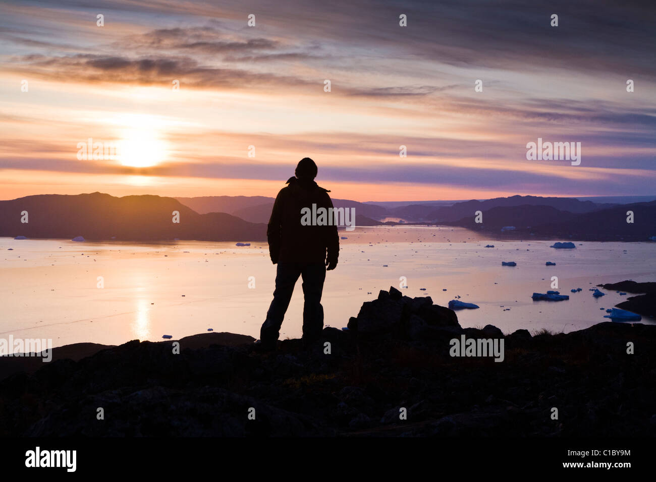 Uomo che guarda al fiordo fuori Narsaq, Groenlandia meridionale. Foto Stock