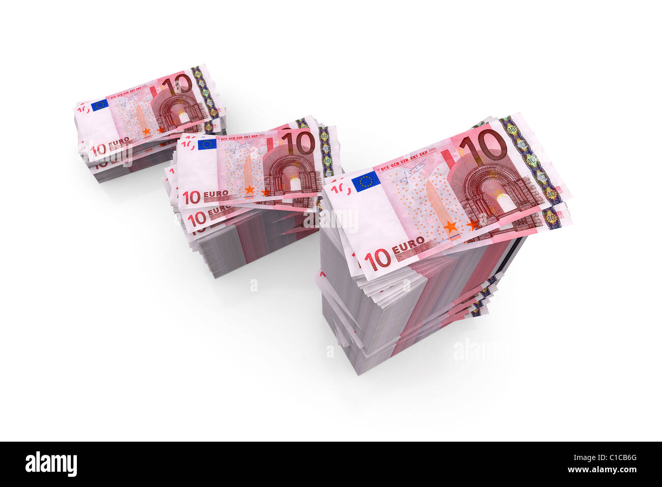 Pile di dieci banconote in euro moneta, stack su sfondo bianco Foto Stock