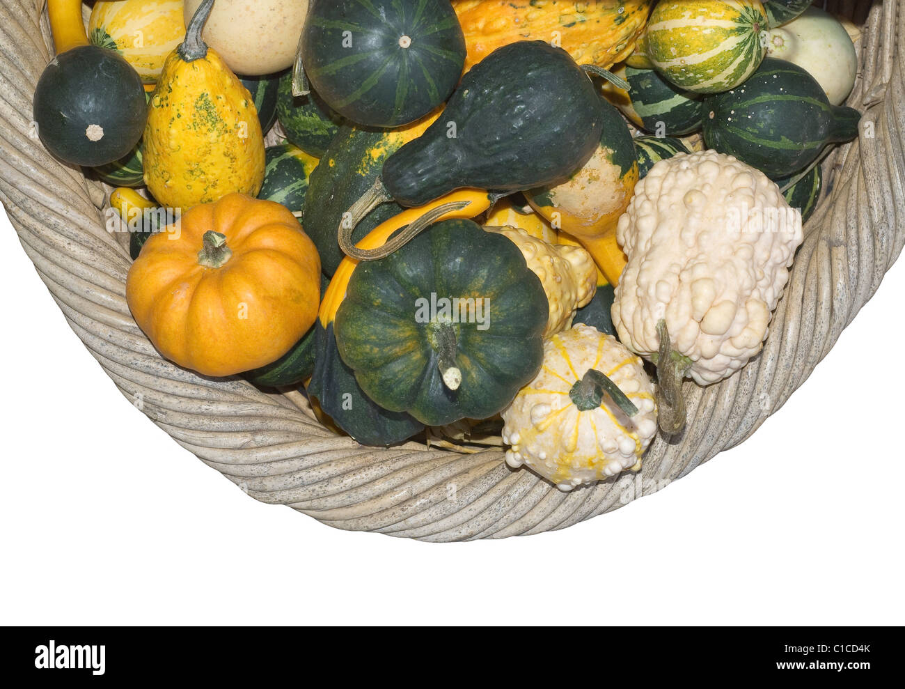 Zucche in un cestello per la vendita in un mercato agricolo Foto Stock