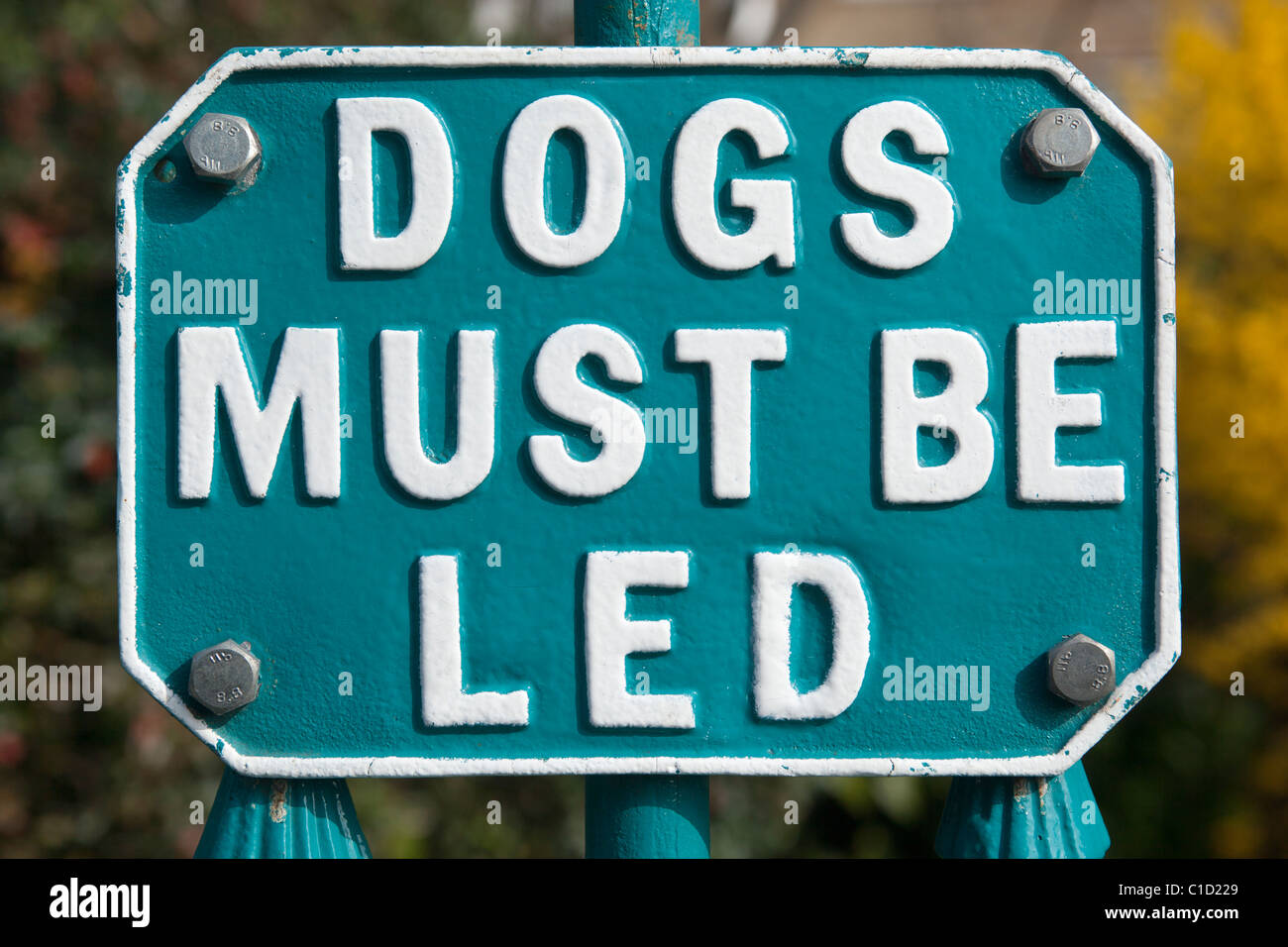 Cartello "Dog must be LED" Alexandra Park Penarth South Wales Foto Stock