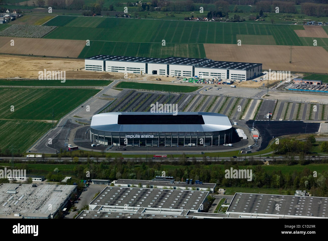 Vista aerea sopra Impuls Arena soccer football Stadium Augsburg Baviera Germania Foto Stock