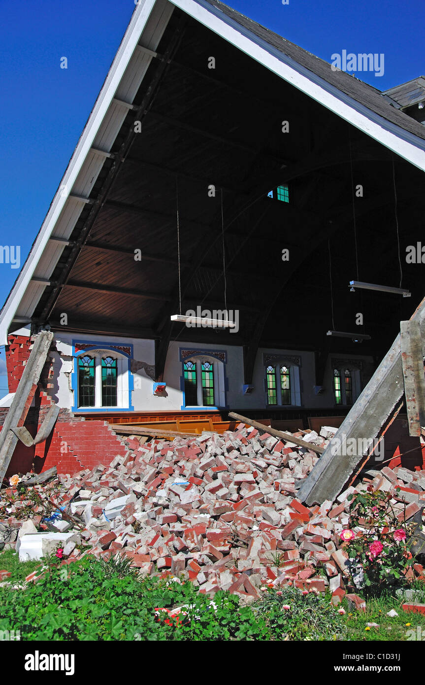 La chiesa danneggiata dal 22 Feb. 2011 terremoto, il quartiere centrale degli affari, Christchurch, Canterbury, Isola del Sud, Nuova Zelanda Foto Stock